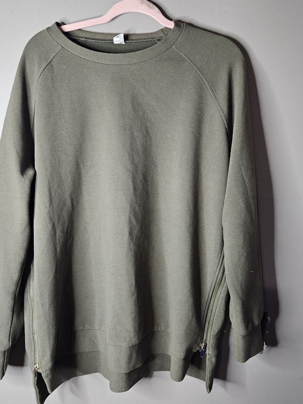 Anrabess Women's Olive Crewneck Sweatshirt with Side Zippers Ptp 25 5" Length 28